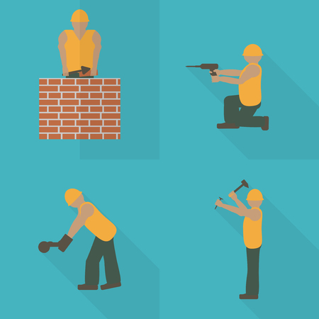Construction worker flat icon. Design template vector illustration. Mason with trowel. Laborer with hammer. Builder with angle grinder.のイラスト素材
