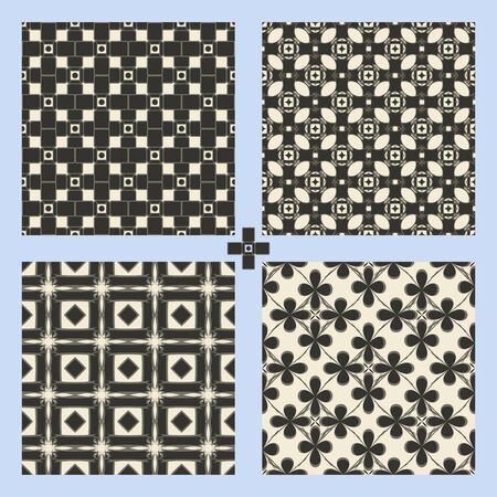 Geometric ornament seamless pattern set.  Textile design template seamless background collection. Round, polygonal and grunge motif endless texture. Monochrome sample  vector illustration.のイラスト素材