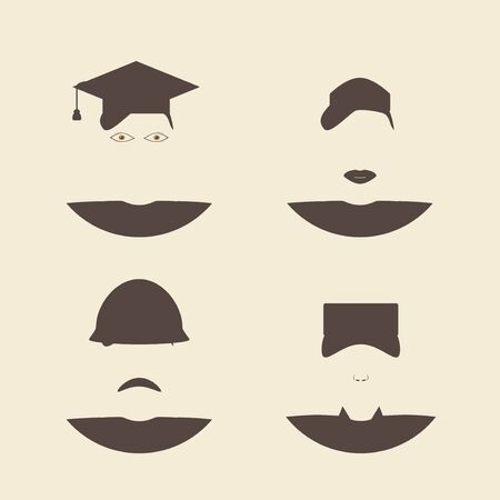 Male and female avatar faces. Construction worker and soldier. Nurse and graduate student. Flat style  design template monochrome vector illustration.のイラスト素材
