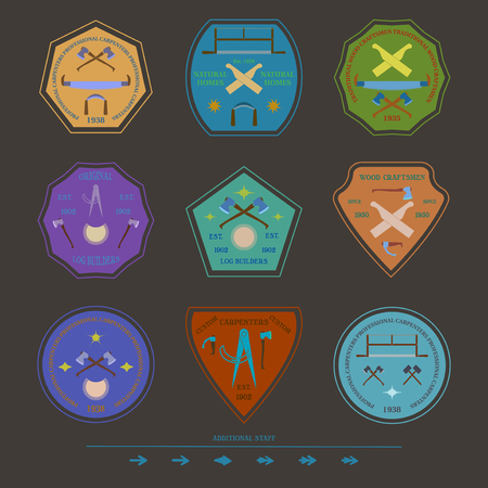 icon set for construction and carpentry industries. Design elements, objects and tools. icon for natural log home builders and wood craftsmen. Vector illustration.のイラスト素材