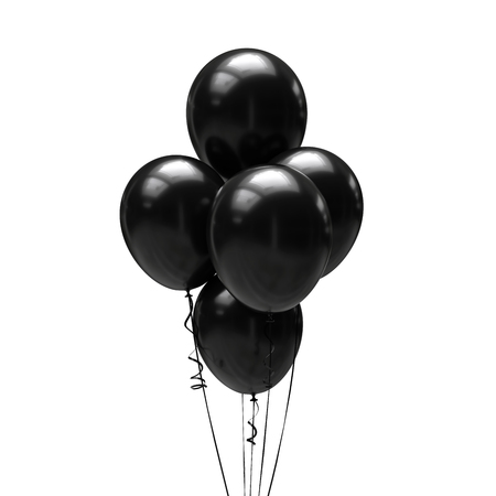 Black balloons with ribbons isolated on white background. 3d illustrationの写真素材
