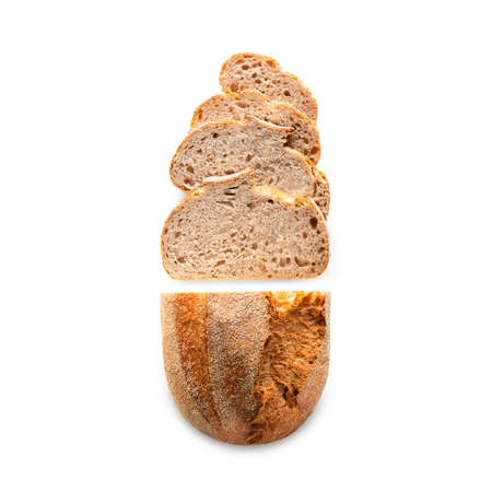 Round baked bread with brans sliced and isolated on white background. Top view