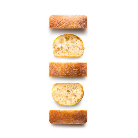 Ciabatta traditional italian bread sliced. Isolated on white background. Top view