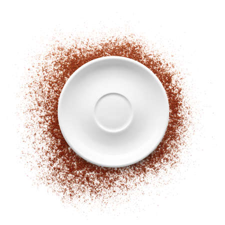 Coffee powder with saucer isolated on white backgroundの写真素材