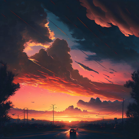 Sunset sun,clouds, horizon. Generative AI