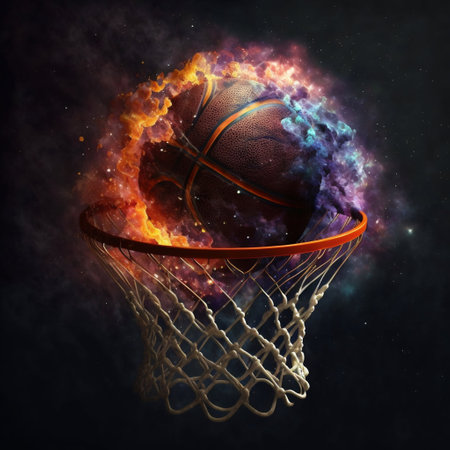 Fireball in basketball hoop basket. Generative AI. high quality illustration