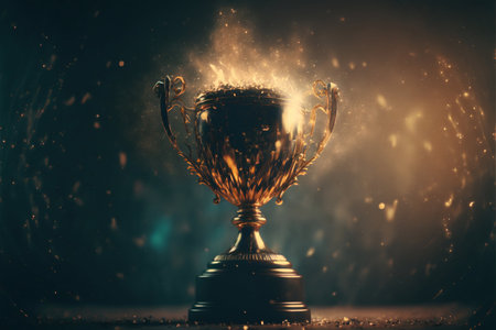 Winner gold trophy with blurred sparks on background. Generative AI. high quality illustrationの写真素材