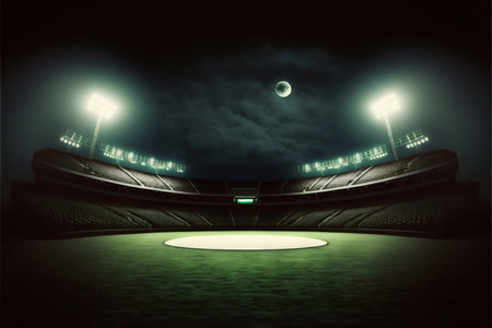 Sport stadium illuminated by spotlights and empty green grass playground. Generative AI. high quality illustrationの写真素材