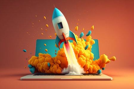 Rocket coming out of laptop screen. Generative AI. high quality illustrationの写真素材