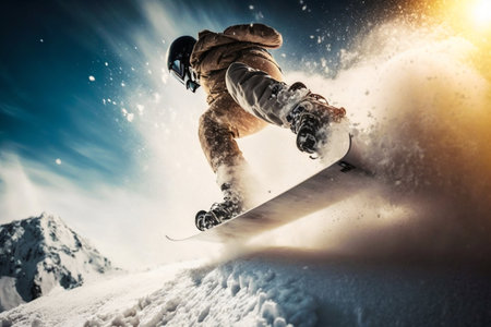 Snowboarder freeride on the slope in snow mountain. Generative AI. high quality illustration