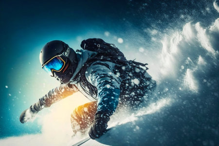 Snowboarder freeride on the slope in snow mountain. Generative AI. high quality illustration
