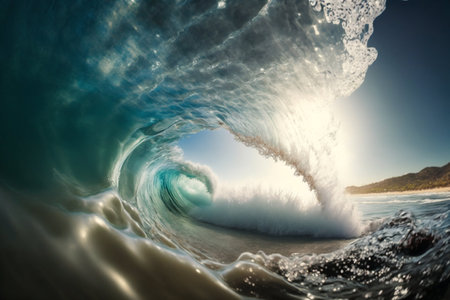 Big ocean clear blue surfer wave tube closeup. Generative AI. high quality illustration