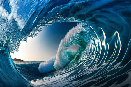 Big ocean clear blue surfer wave tube closeup. Generative AI. high quality illustrationの写真素材