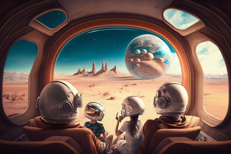 Family Astronauts Tourists Colonizers Vacation Trip on other Planet. Generative AI. high quality...