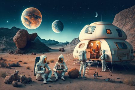 Family Astronauts Tourists Colonizers Vacation Trip on other Planet. Generative AI. high quality illustrationの写真素材