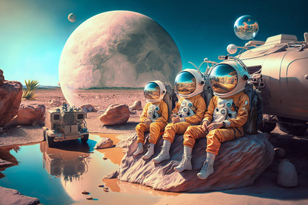 Family Astronauts Tourists Colonizers Vacation Trip on other Planet. Generative AI. high quality...