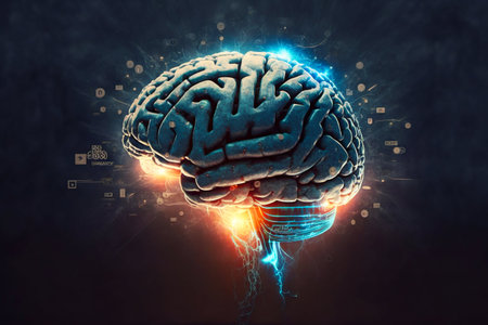 Human Brain processing glow with technology connection data symbols. Generative AI. high quality...