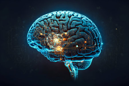 Human Brain processing glow with technology connection data symbols. Generative AI. high quality...