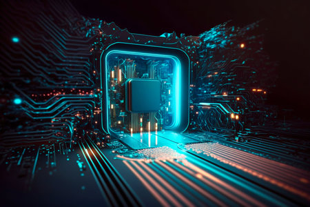 Cyber Space Connection Technology Computer Background with Chipset Central Processor. Generative AI. high quality illustrationの写真素材