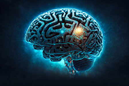 Human Brain processing glow with technology connection data symbols. Generative AI. high quality...