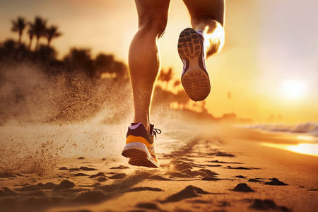 Athletic Running on the Beach. Generative AI. high quality illustrationの写真素材