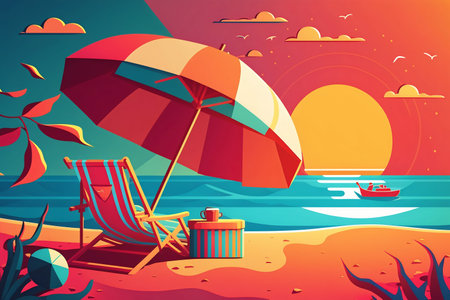 Summer vacations beach holiday on sunset background. Generative AI. high quality illustrationの写真素材