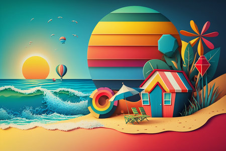 Summer vacations beach holiday on sunset background. Generative AI. high quality illustrationの写真素材
