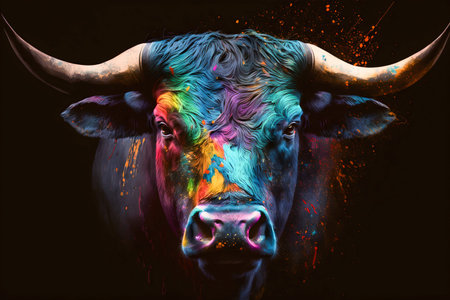 Portrait face of bull with colorful paint. Generative AI. high quality illustrationの写真素材