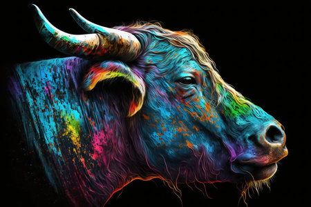 Portrait face of bull with colorful paint. Generative AI. high quality illustrationの写真素材