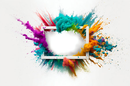 Empty blank frame with colorful powder paint explosion. Generative AI. high quality illustrationの写真素材