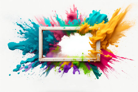 Empty blank frame with colorful powder paint explosion. Generative AI. high quality illustrationの写真素材