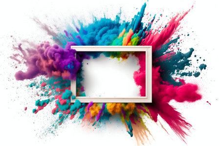 Empty blank frame with colorful powder paint explosion. Generative AI. high quality illustration