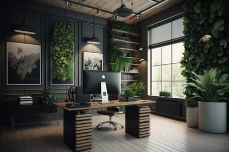 Office interior design with wall plants, wood, industrial. Generative AI. high quality illustrationの写真素材