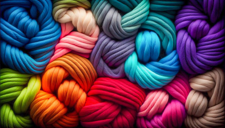 Rainbow interlaced yarn threads for knitting background. Generative AI. high quality illustrationの写真素材
