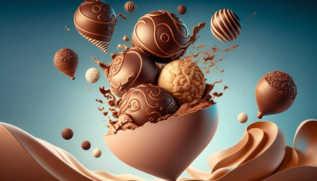 Flying chocolate candies pralines with smooth splashes. Generative AI. high quality illustrationの写真素材