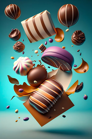 Flying chocolate candies pralines with smooth splashes. Generative AI. high quality illustrationの写真素材