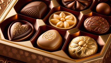 Gold luxury sweet chocolate candies pralines in golden box. Generative AI. high quality illustrationの写真素材