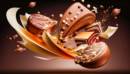 Flying chocolate candies pralines with smooth splashes. Generative AI. high quality illustrationの写真素材