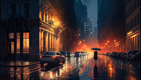 Night rainy city roads. Generative AI. high quality illustrationの写真素材