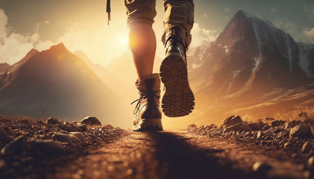 Hiker walking in mountains. Generative AI. high quality illustration