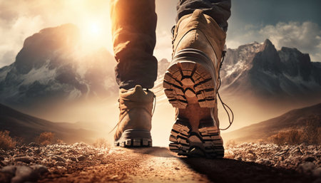 Hiker walking in mountains. Generative AI. high quality illustrationの写真素材