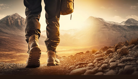 Hiker walking in mountains. Generative AI. high quality illustration