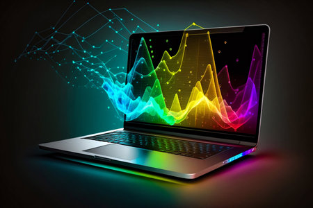 Laptop with business data diagrams and charts on display. Generative AI. high quality illustration