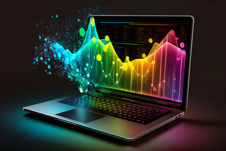 Laptop with business data diagrams and charts on display. Generative AI. high quality illustrationの写真素材