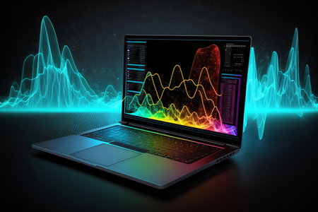 Laptop with business data diagrams and charts on display. Generative AI. high quality illustration