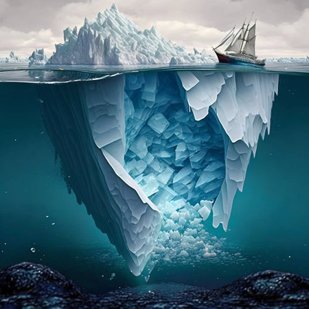 Tip of an iceberg in a icy sea seen from over and under the water. Generative AI. high quality illustrationの写真素材