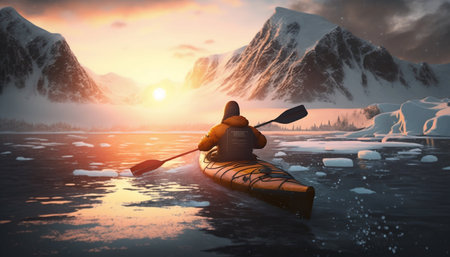 Kayaker on kayak boat in Antarctica. Generative AI. high quality illustrationの写真素材