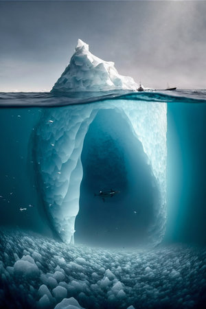 Tip of an iceberg in a icy sea seen from over and under the water. Generative AI. high quality...