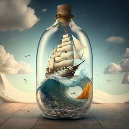 Ship in a bottle floating on an enormous wave. Generative AI. high quality illustrationの写真素材