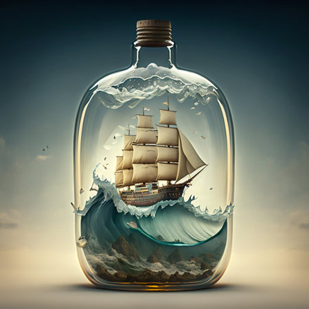 Ship in a bottle floating on an enormous wave. Generative AI. high quality illustrationの写真素材
